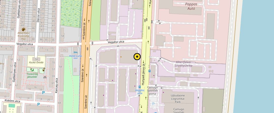 Budapest XI. kerületi térkép, jelölővel az AFM Parts Kft-n (Dan Business Park, Vegyész utca 25)